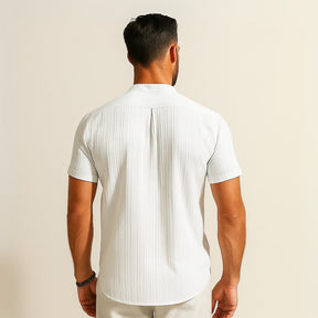 Camisa Gola Padre Plissada listrada Old Money Richelieu branca