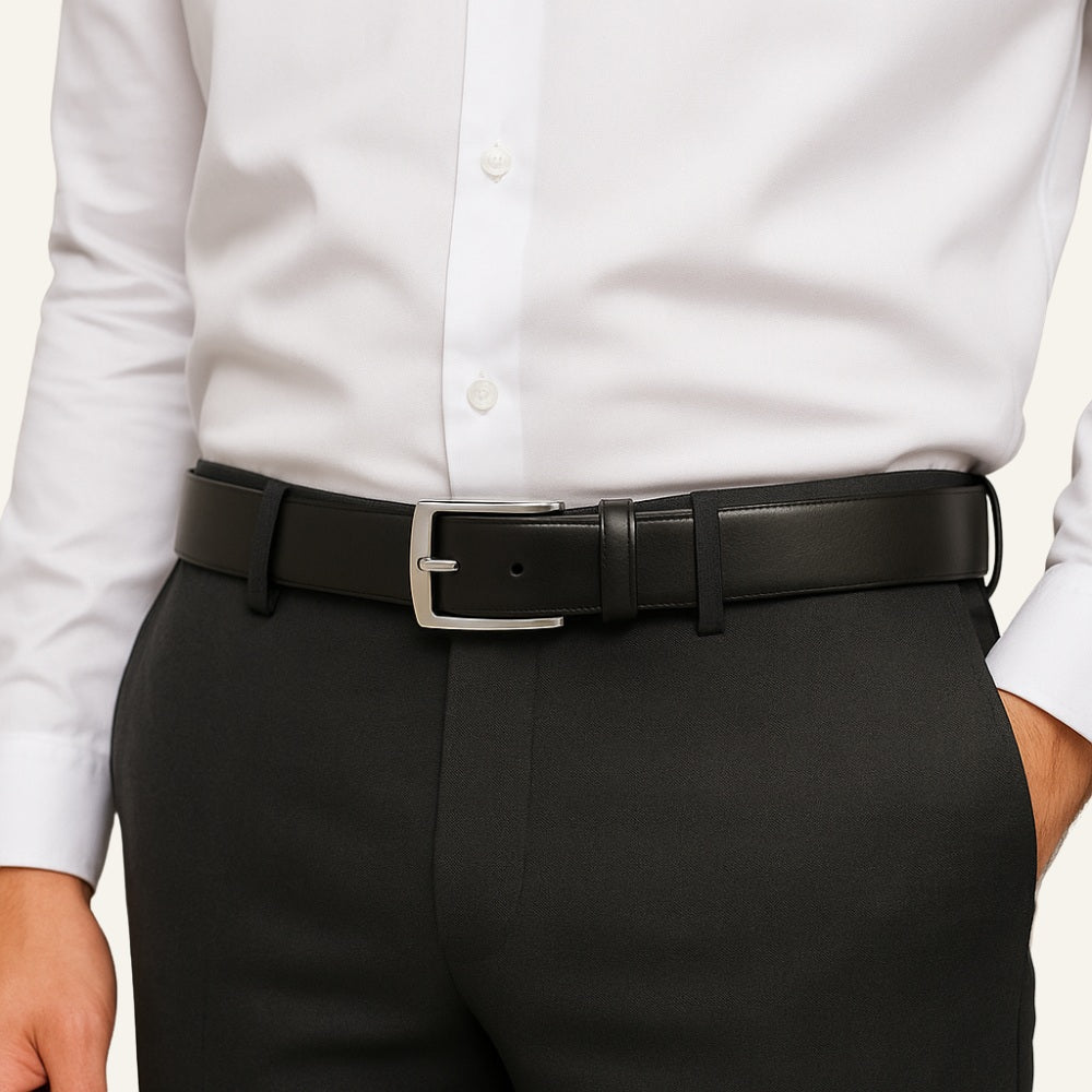 Cinto de Couro Masculino Old Money Civano Preto Fivela Prata 