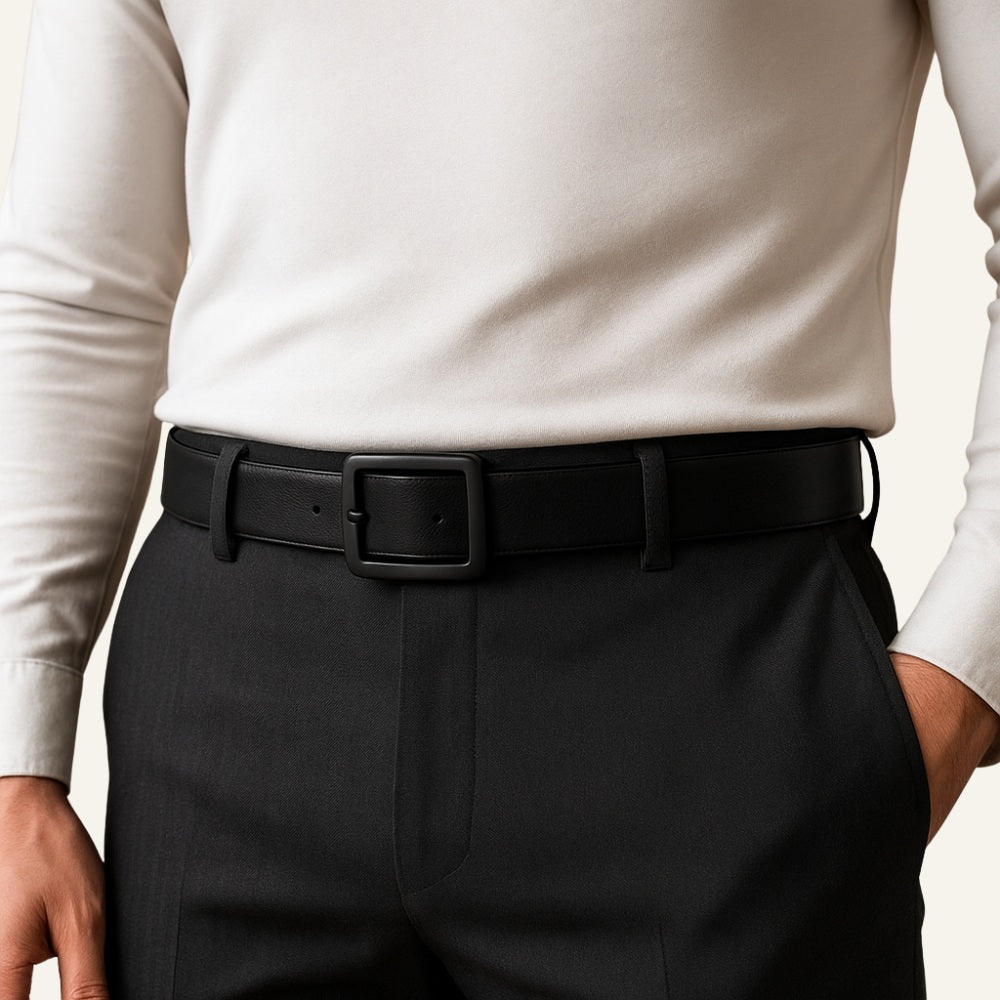 Cinto de Couro Masculino Old Money Civano Preto Fivela Preta